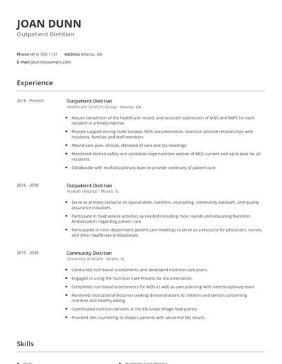 Outpatient Dietitian Resume