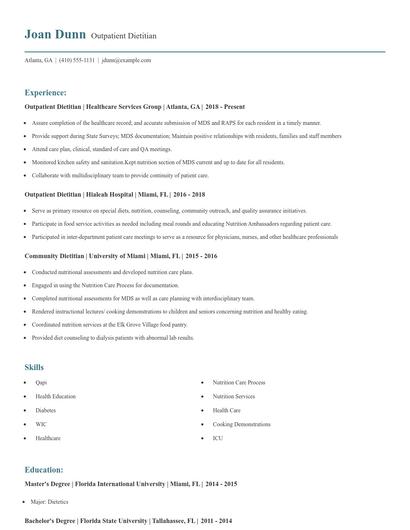 Outpatient Dietitian Resume