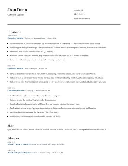 Outpatient Dietitian Resume