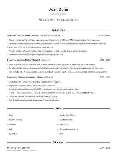 Outpatient Dietitian Resume