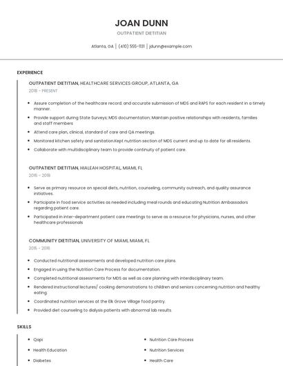 Outpatient Dietitian Resume