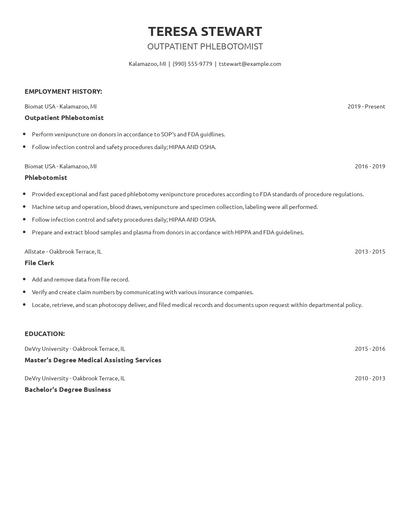 Outpatient Phlebotomist Resume