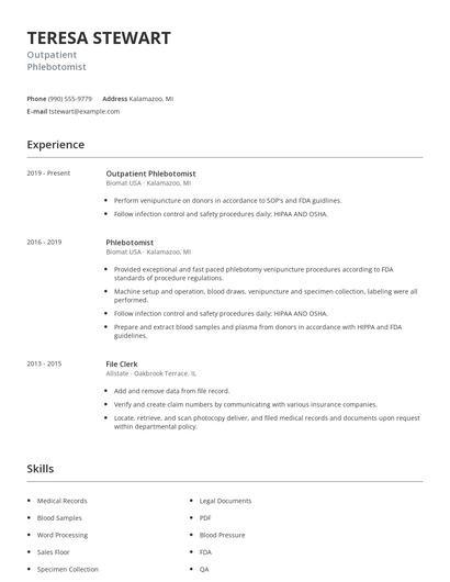 Outpatient Phlebotomist Resume
