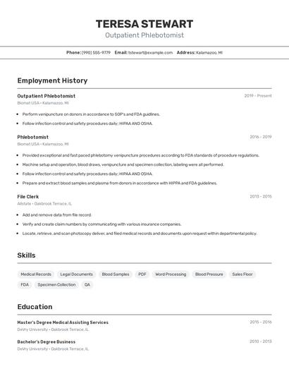 Outpatient Phlebotomist Resume