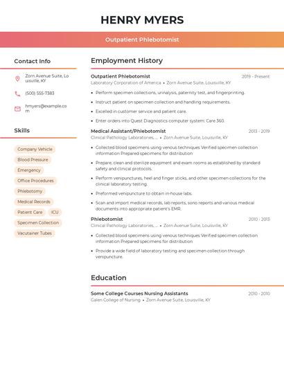 Outpatient Phlebotomist Resume