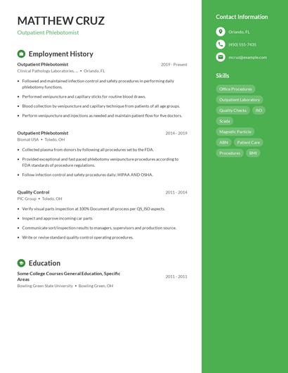 Outpatient Phlebotomist Resume