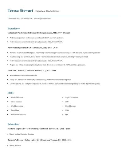 Outpatient Phlebotomist Resume