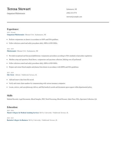 Outpatient Phlebotomist Resume