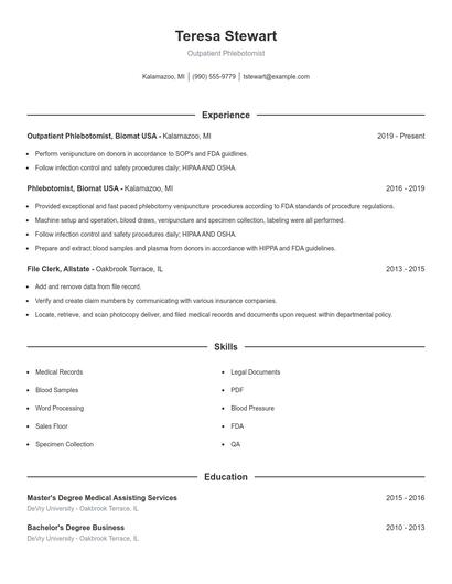 Outpatient Phlebotomist Resume