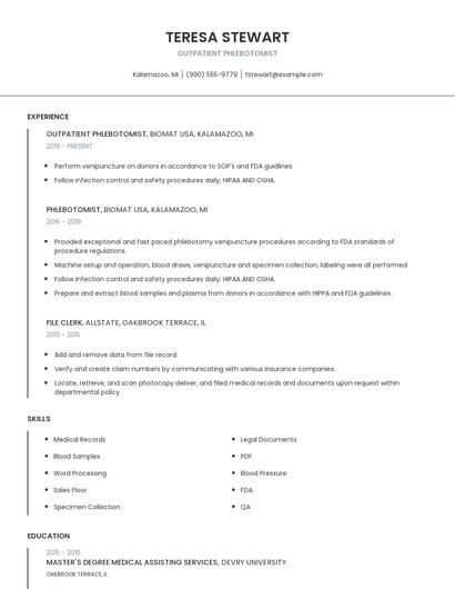Outpatient Phlebotomist Resume