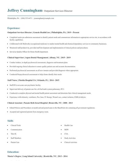 Outpatient Services Director Resume