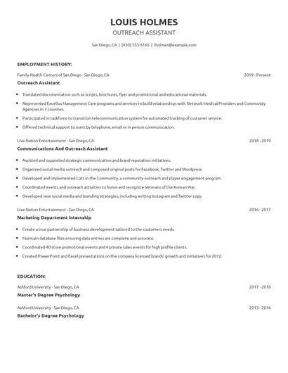 Outreach Assistant Resume