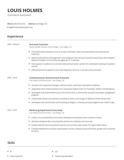Outreach Assistant Resume