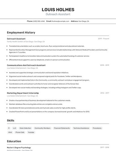 Outreach Assistant Resume