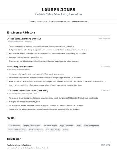 Outside Sales Advertising Executive Resume