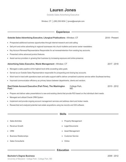Outside Sales Advertising Executive Resume
