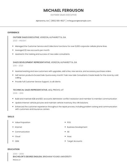 Outside Sales Executive Resume