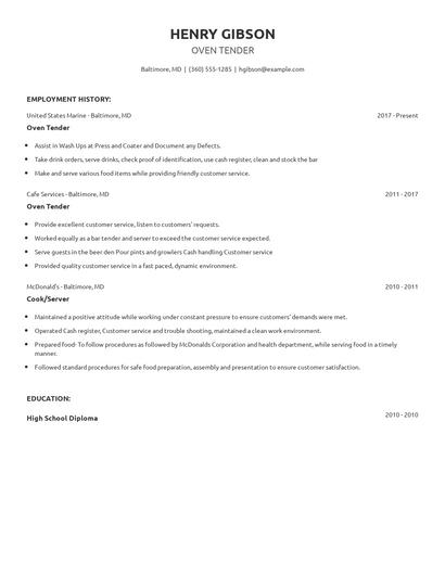 Oven Tender Resume