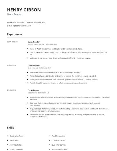 Oven Tender Resume