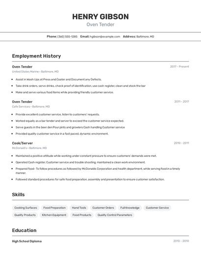 Oven Tender Resume