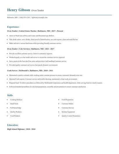 Oven Tender Resume