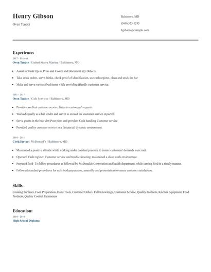 Oven Tender Resume