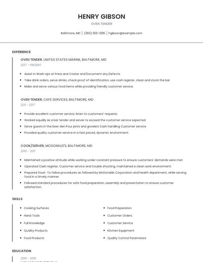 Oven Tender Resume