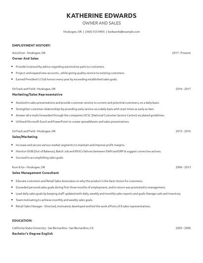 Owner And Sales Resume