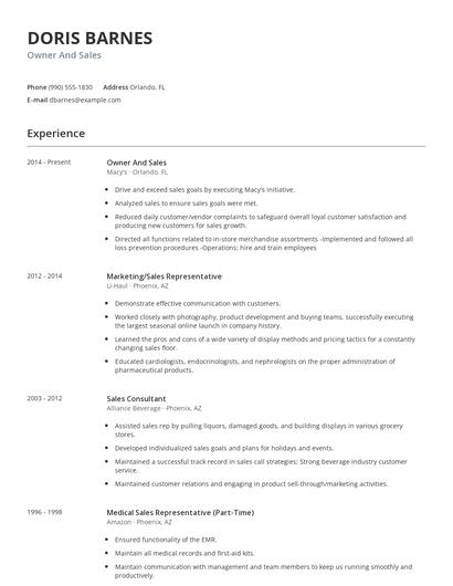 Owner And Sales Resume