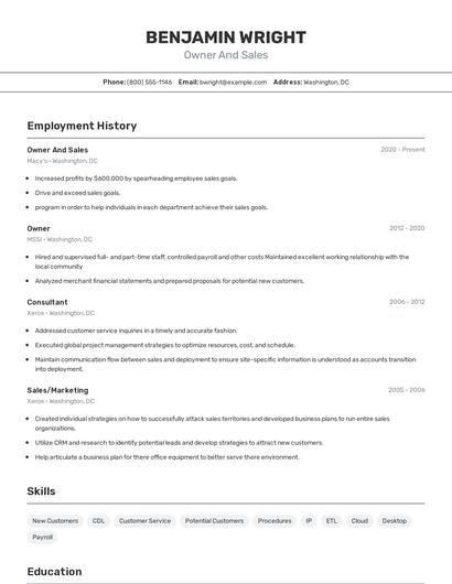 Owner And Sales Resume