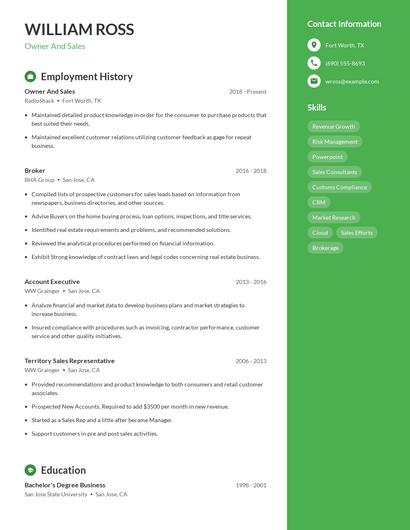 Owner And Sales Resume