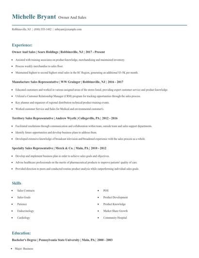 Owner And Sales Resume