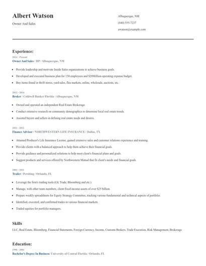 Owner And Sales Resume