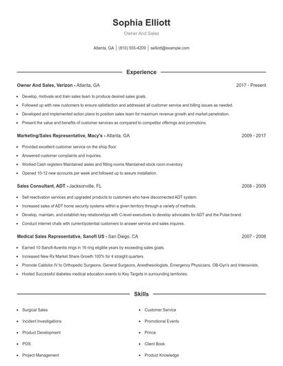 Owner And Sales Resume
