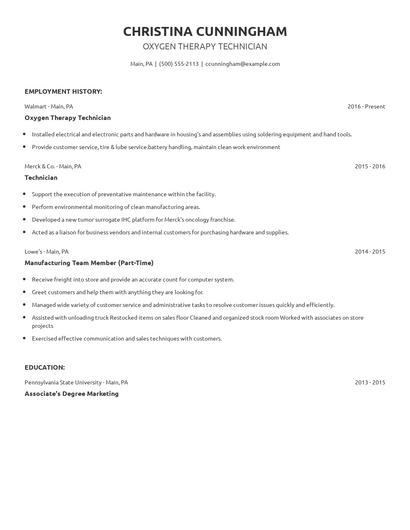 Oxygen Therapy Technician Resume