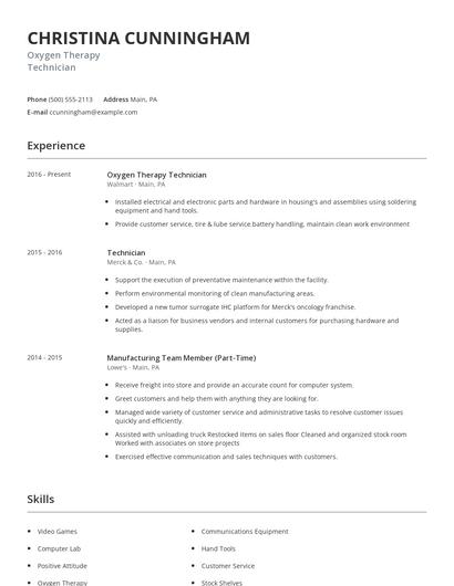 Oxygen Therapy Technician Resume