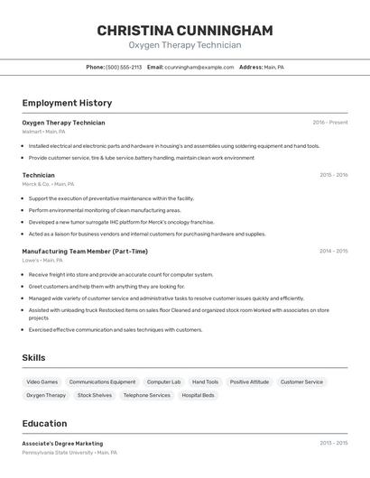 Oxygen Therapy Technician Resume