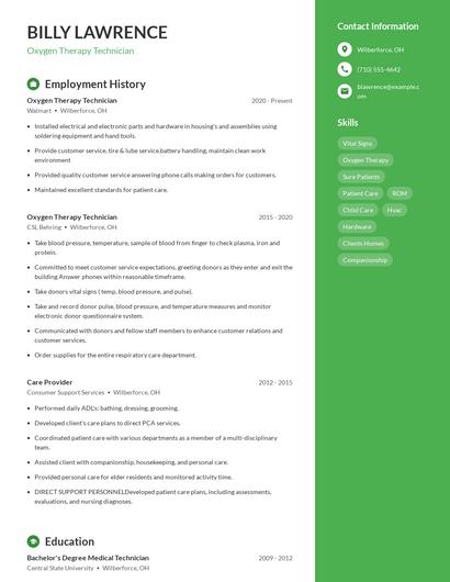 Oxygen Therapy Technician Resume