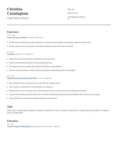 Oxygen Therapy Technician Resume