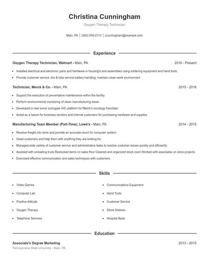 Oxygen Therapy Technician Resume