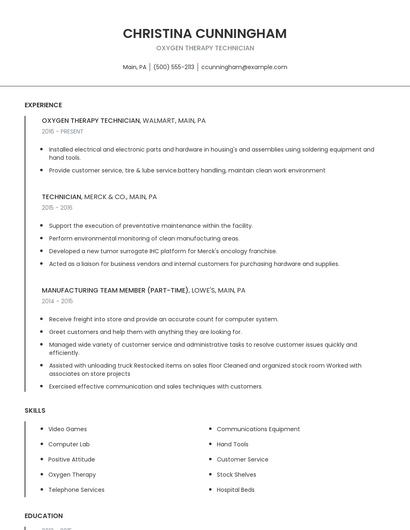 Oxygen Therapy Technician Resume