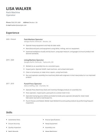 Pack Machine Operator Resume