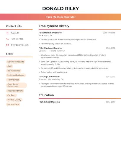Pack Machine Operator Resume