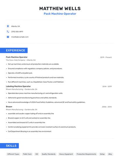 Pack Machine Operator Resume