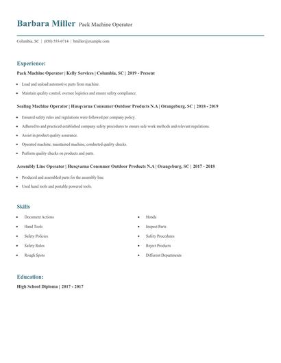 Pack Machine Operator Resume