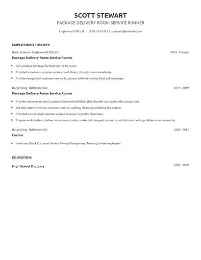 Package Delivery Room Service Runner Resume