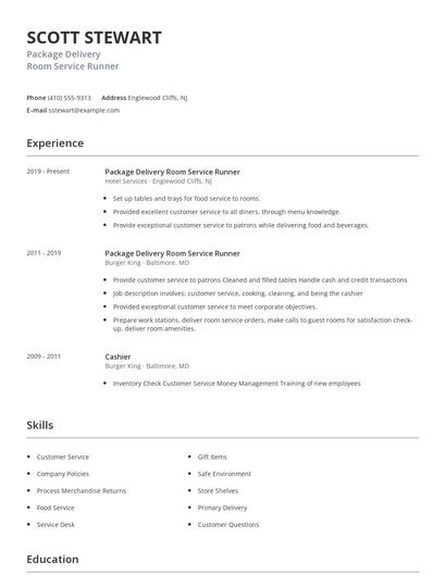Package Delivery Room Service Runner Resume