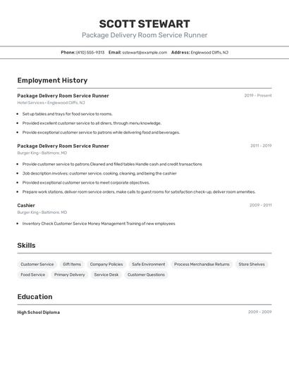 Package Delivery Room Service Runner Resume