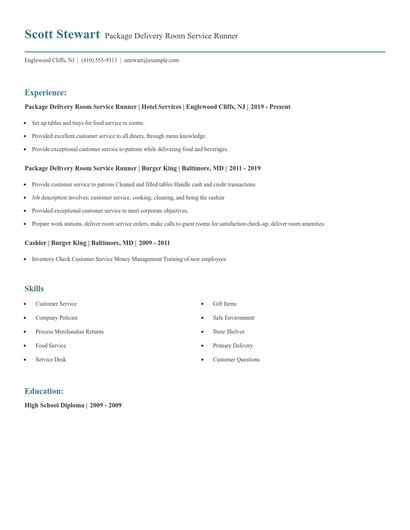 Package Delivery Room Service Runner Resume