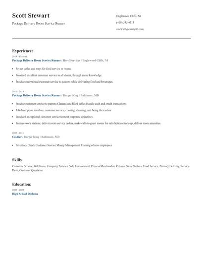 Package Delivery Room Service Runner Resume